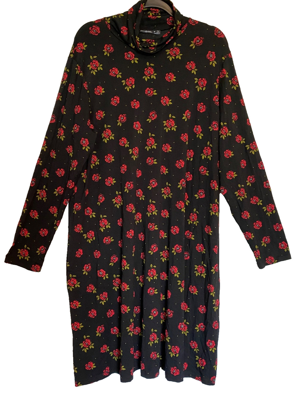 GUDRUN SJODEN Black Red Floral Rose Turtleneck Stretch Jersey Knit Dress XL NEW
